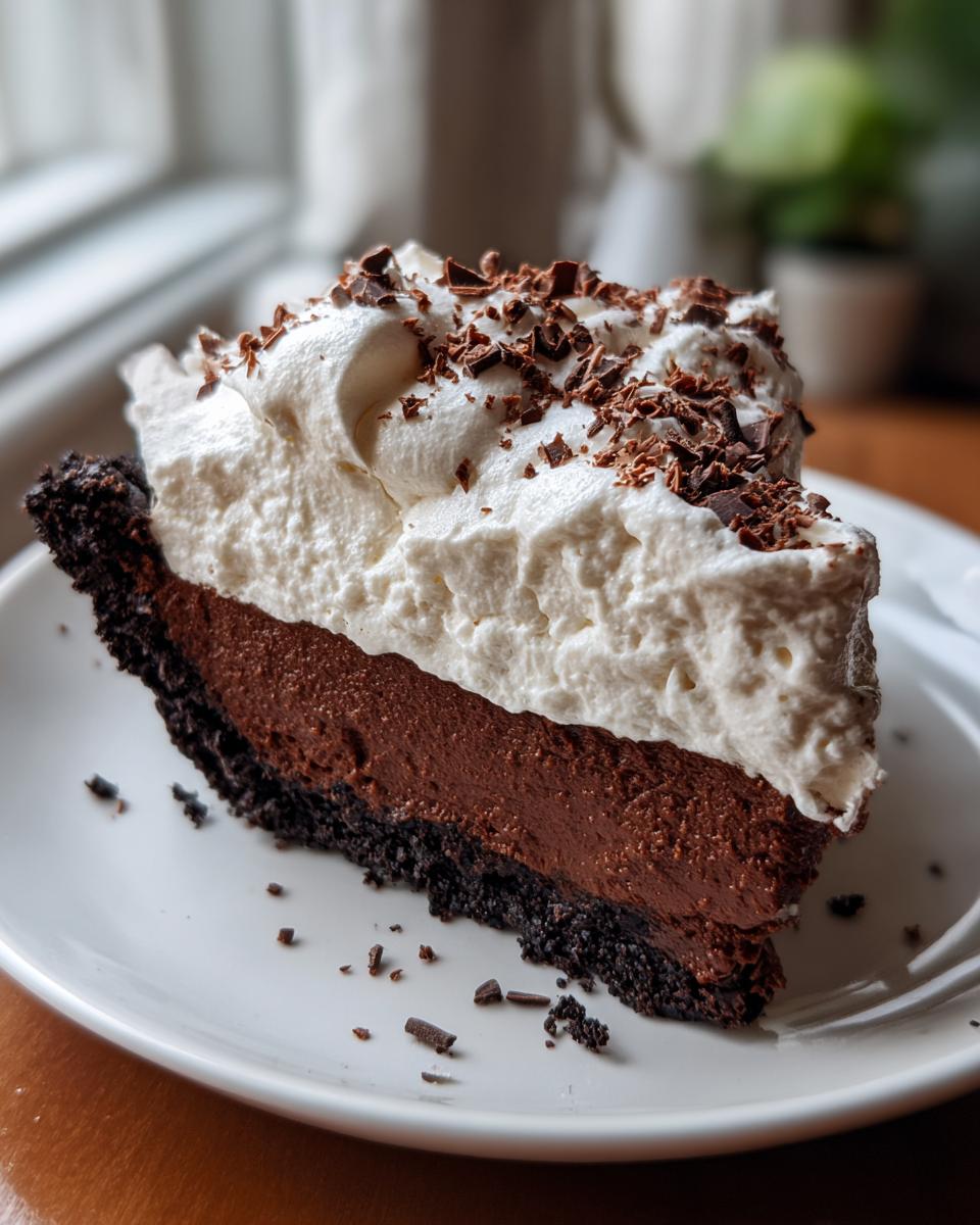 A decadent slice of Christmas chocolate cream pie with a dark crust, rich filling, and whipped cream topping.