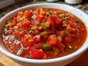 Close-up of chunky, vibrant red homemade salsa with visible pieces of tomato, green pepper, and cilantro in a white bowl.