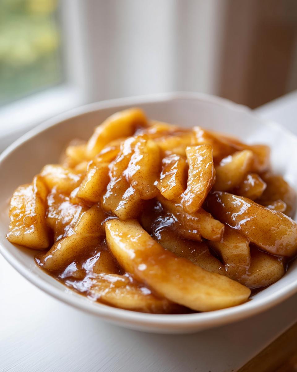 Close-up of thick, glossy, spiced apple pie filling slices served in a small white bowl.