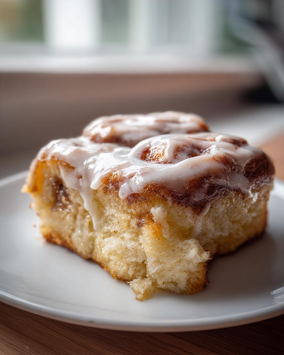 A close-up shot of a square piece of fluffy cinnamon roll casserole topped with thick white icing.