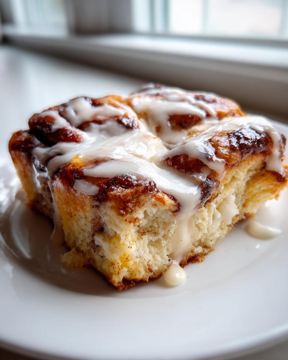 A close-up of a square serving of gooey cinnamon roll casserole topped with thick white icing.
