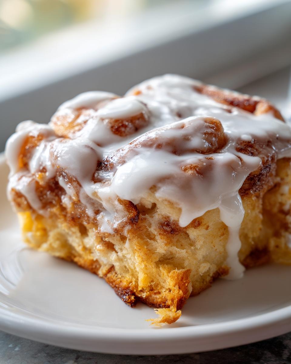 A close-up shot of a single serving of warm Cinnamon roll casserole topped with thick white icing.