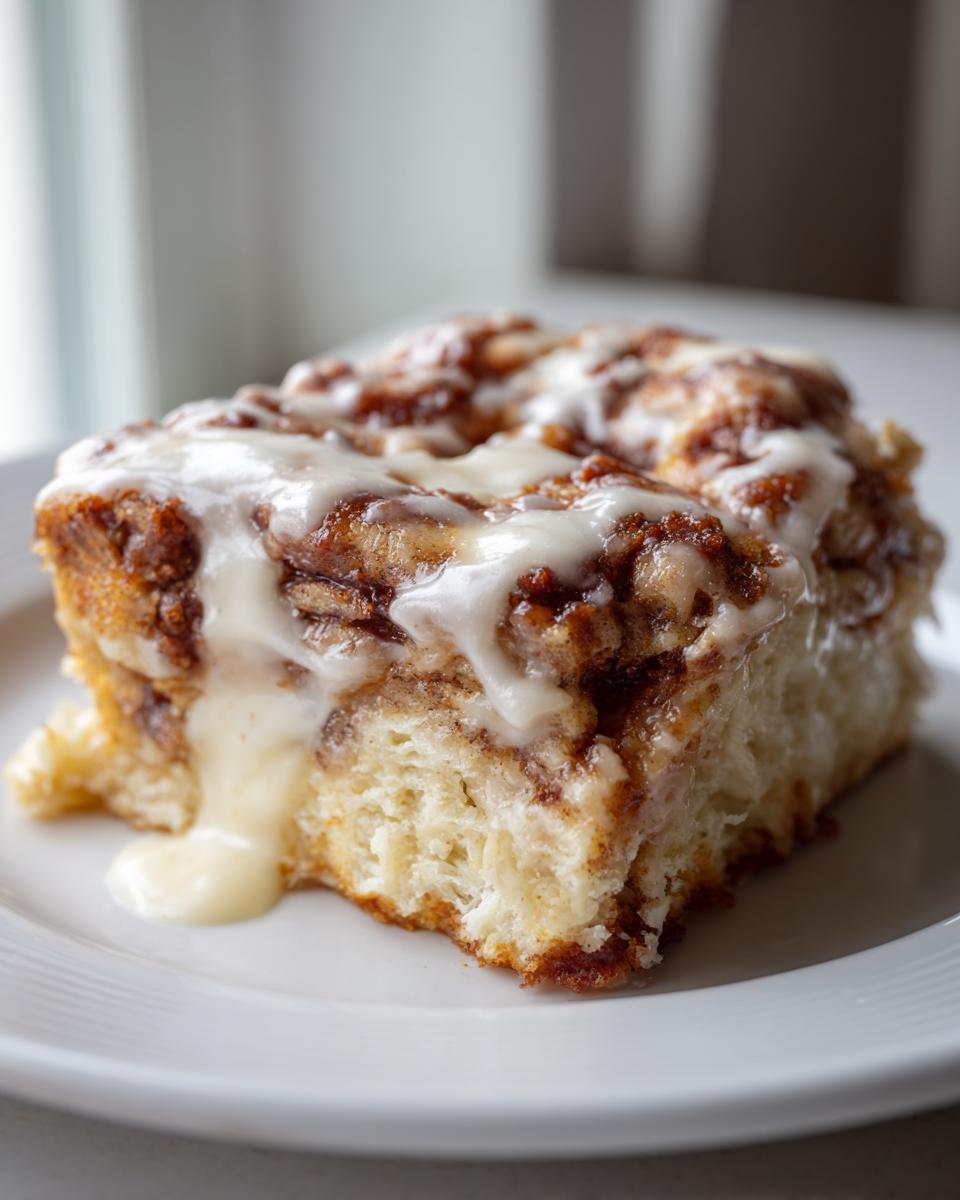 A moist, square slice of cinnamon roll casserole topped with thick white icing dripping down the side.