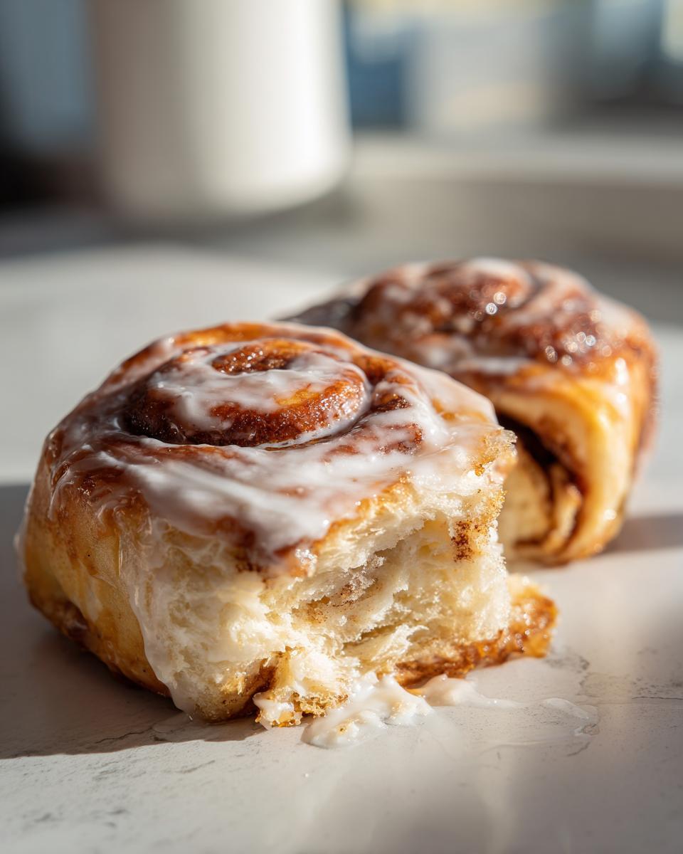 Close-up of a soft cinnamon roll with heavy cream glaze, showing a bite taken out revealing the fluffy interior.