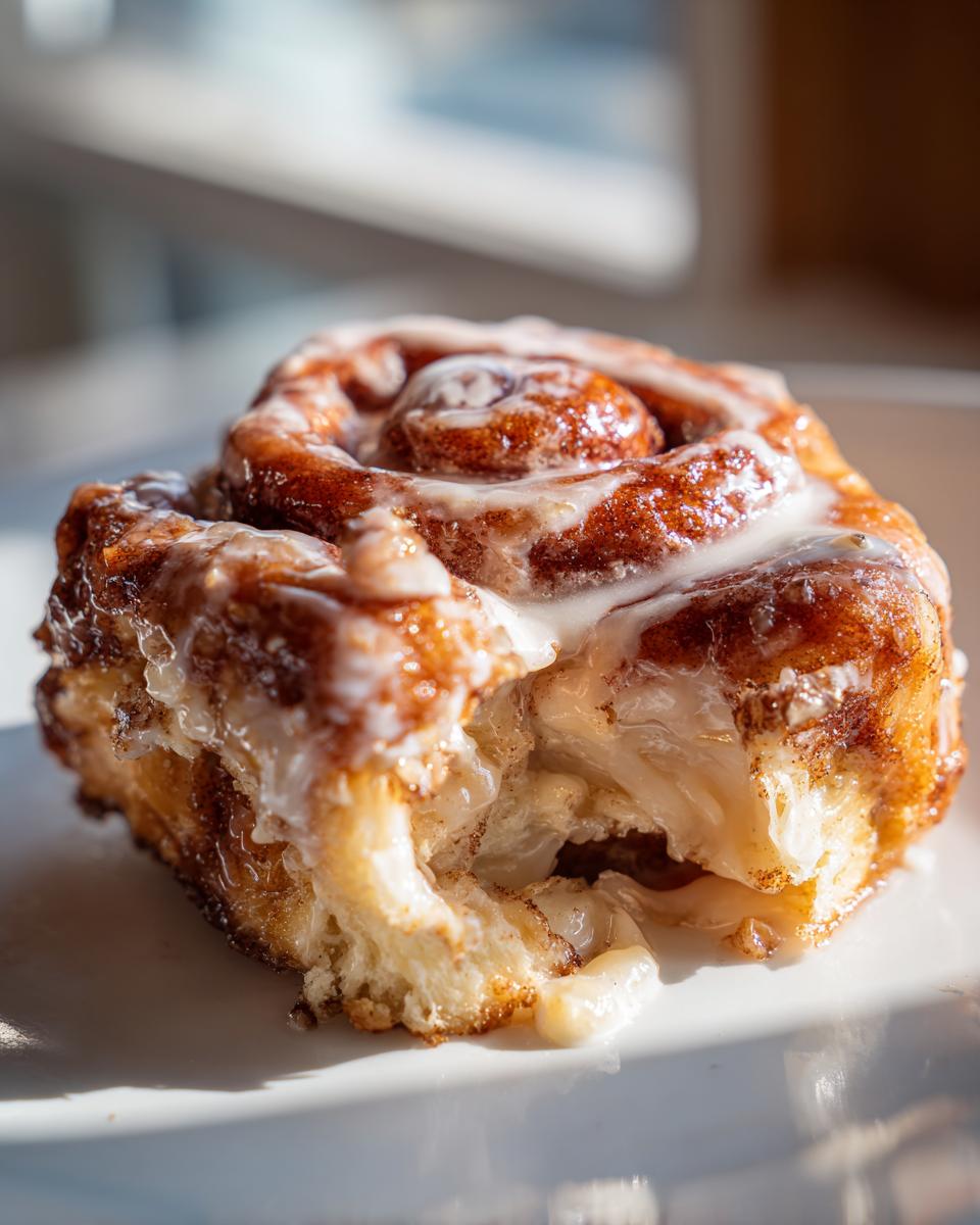 A close-up of a soft, gooey cinnamon roll with white icing, highlighting the layers and rich filling of cinnamon rolls with heavy cream.