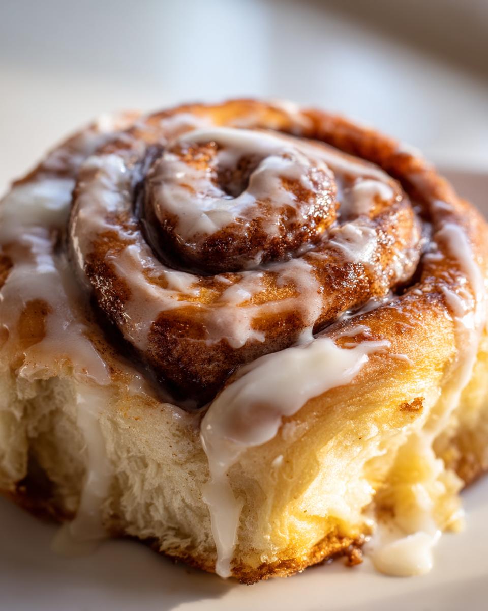 A close-up, macro shot of a single, freshly baked cinnamon roll topped with thick white icing, perfect for cinnamon rolls with heavy cream recipes.