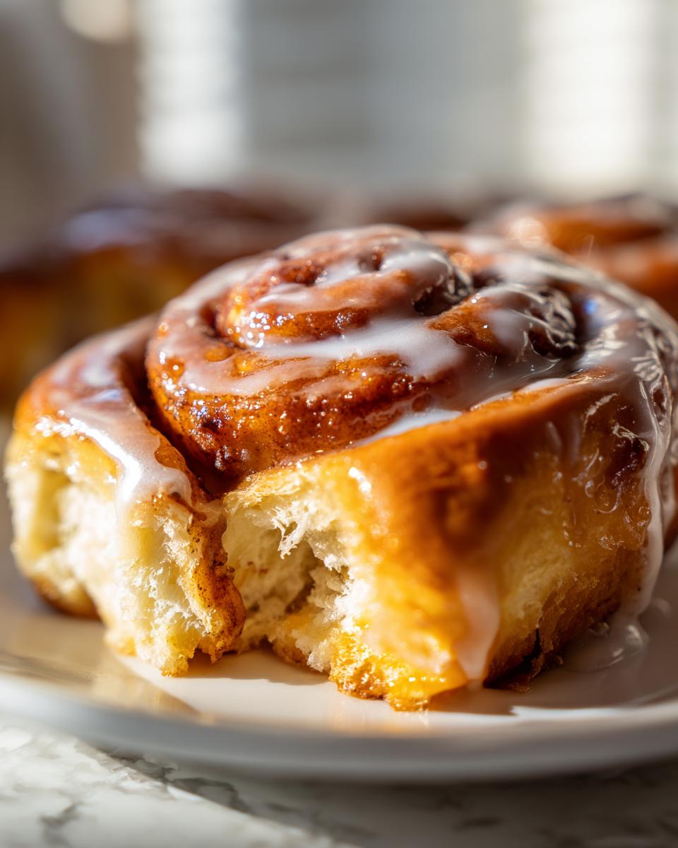 A close-up of a soft, gooey cinnamon roll with heavy cream glaze, showing a bite taken out.