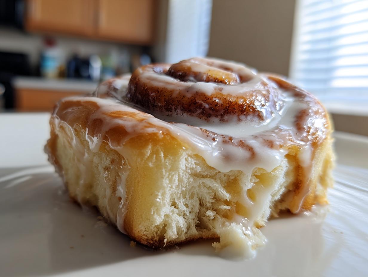 A single, fluffy cinnamon roll with thick, dripping white icing, made using cinnamon rolls with heavy cream.