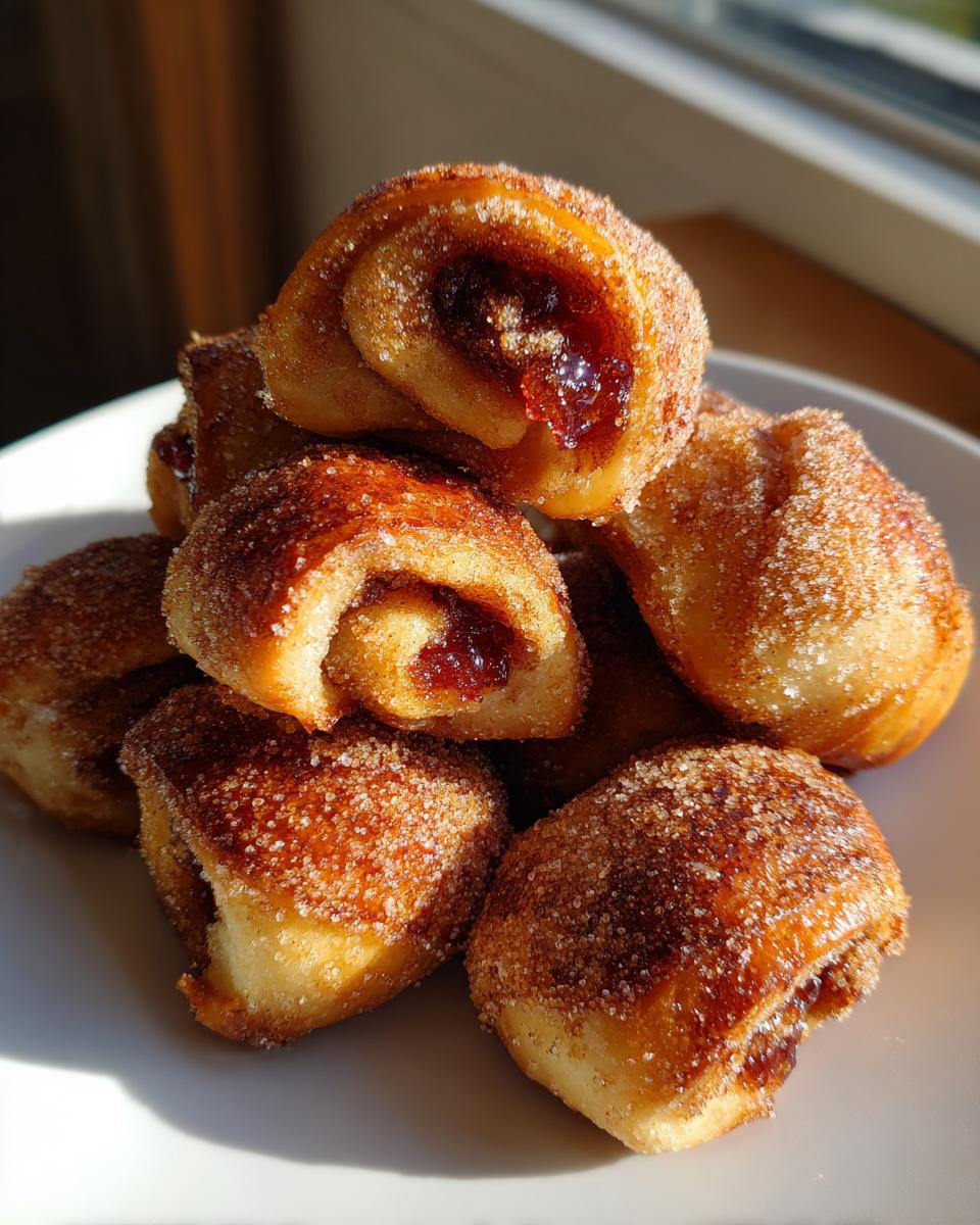 A close-up stack of freshly baked Rugelach coated in cinnamon sugar, showing the jam filling inside.