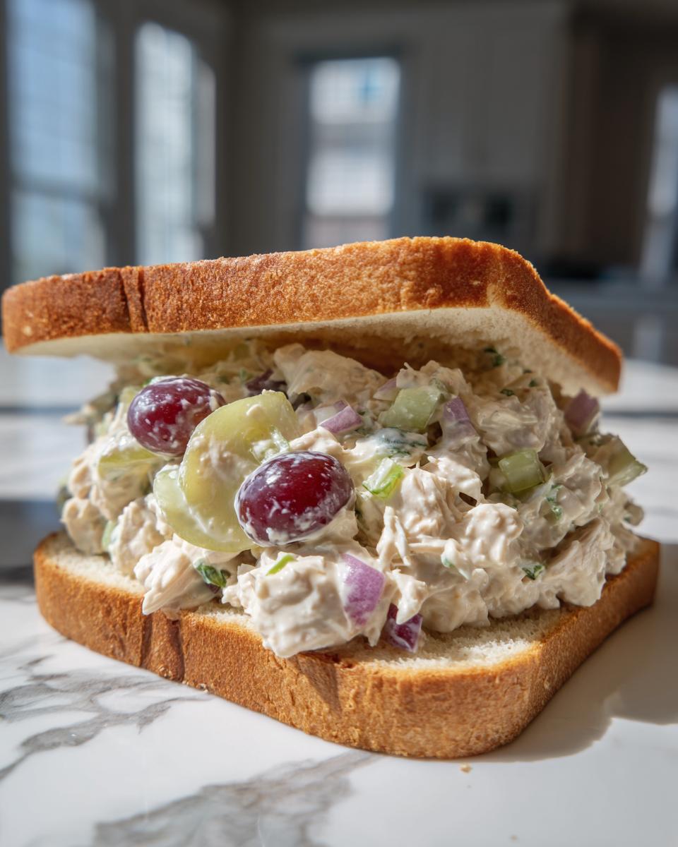 A generous portion of creamy chicken salad sandwich filling, featuring grapes and red onion, served between two slices of white bread.