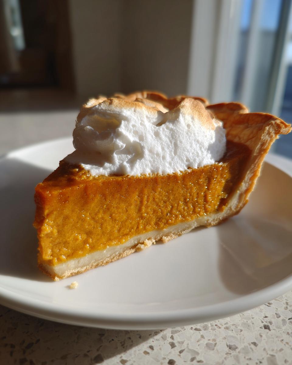 A slice of rich orange classic pumpkin pie topped with toasted meringue, served on a white plate.