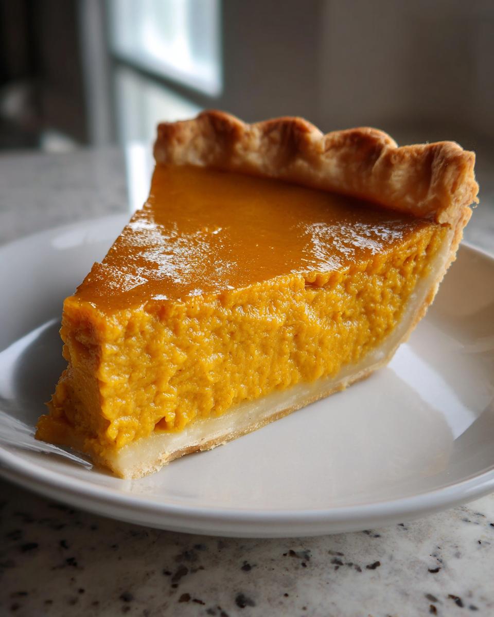 A close-up of a thick slice of classic pumpkin pie recipe with a flaky crust on a white plate.