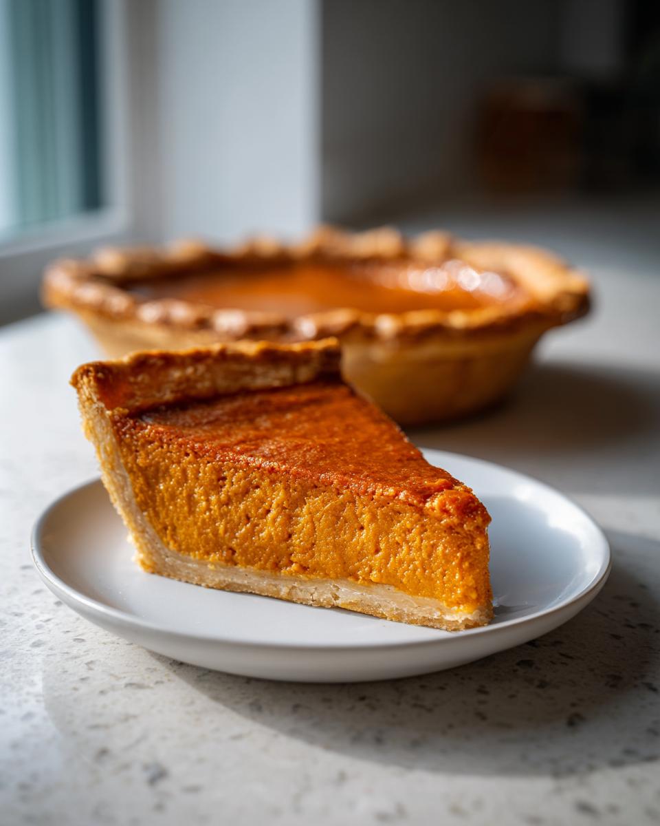 A close-up of a perfect slice from a classic pumpkin pie recipe, showing the rich orange filling and flaky crust, with the rest of the pie blurred in the background.