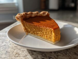 A perfect slice of classic pumpkin pie recipe with a flaky crust, served on a white plate in natural sunlight.
