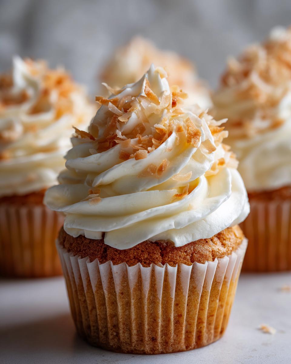 A close-up of a beautifully frosted coconut cupcake topped with toasted coconut flakes. Other coconut cupcakes are blurred in the background.