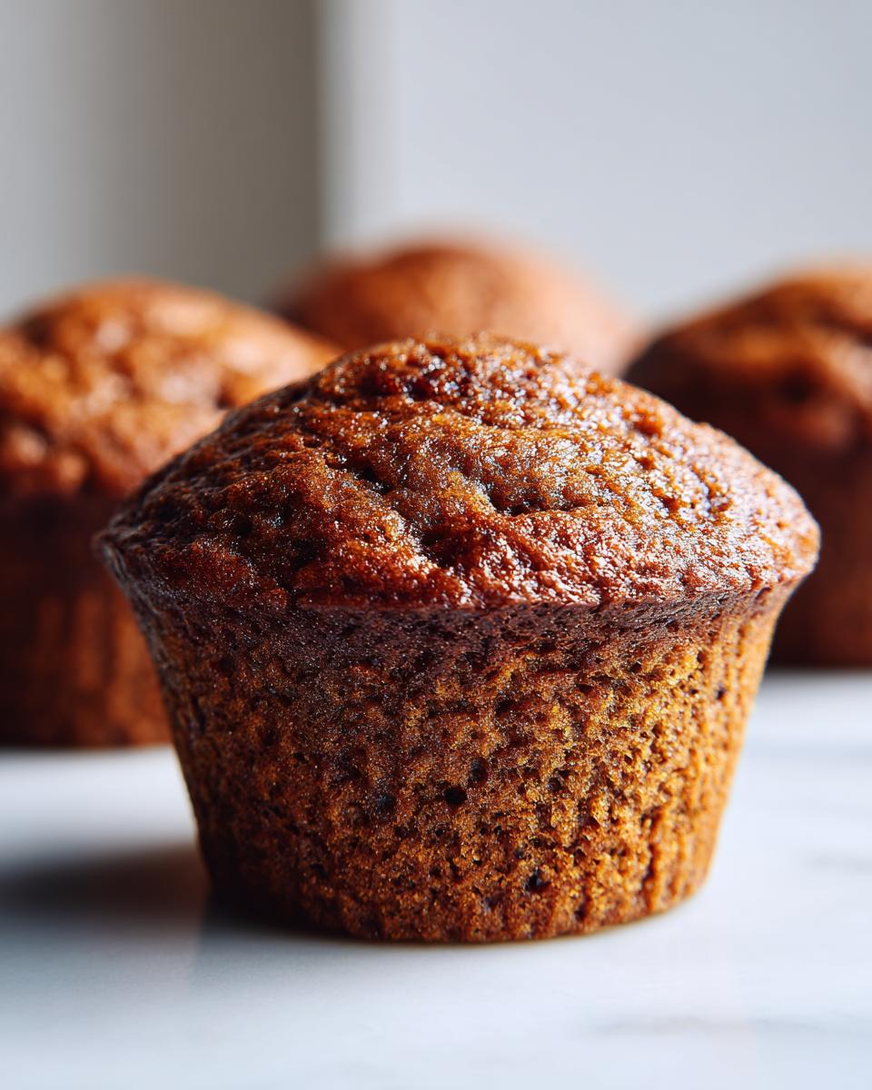 A close-up, macro shot of a freshly baked, dark brown honey bran muffin with a slightly glossy, domed top.