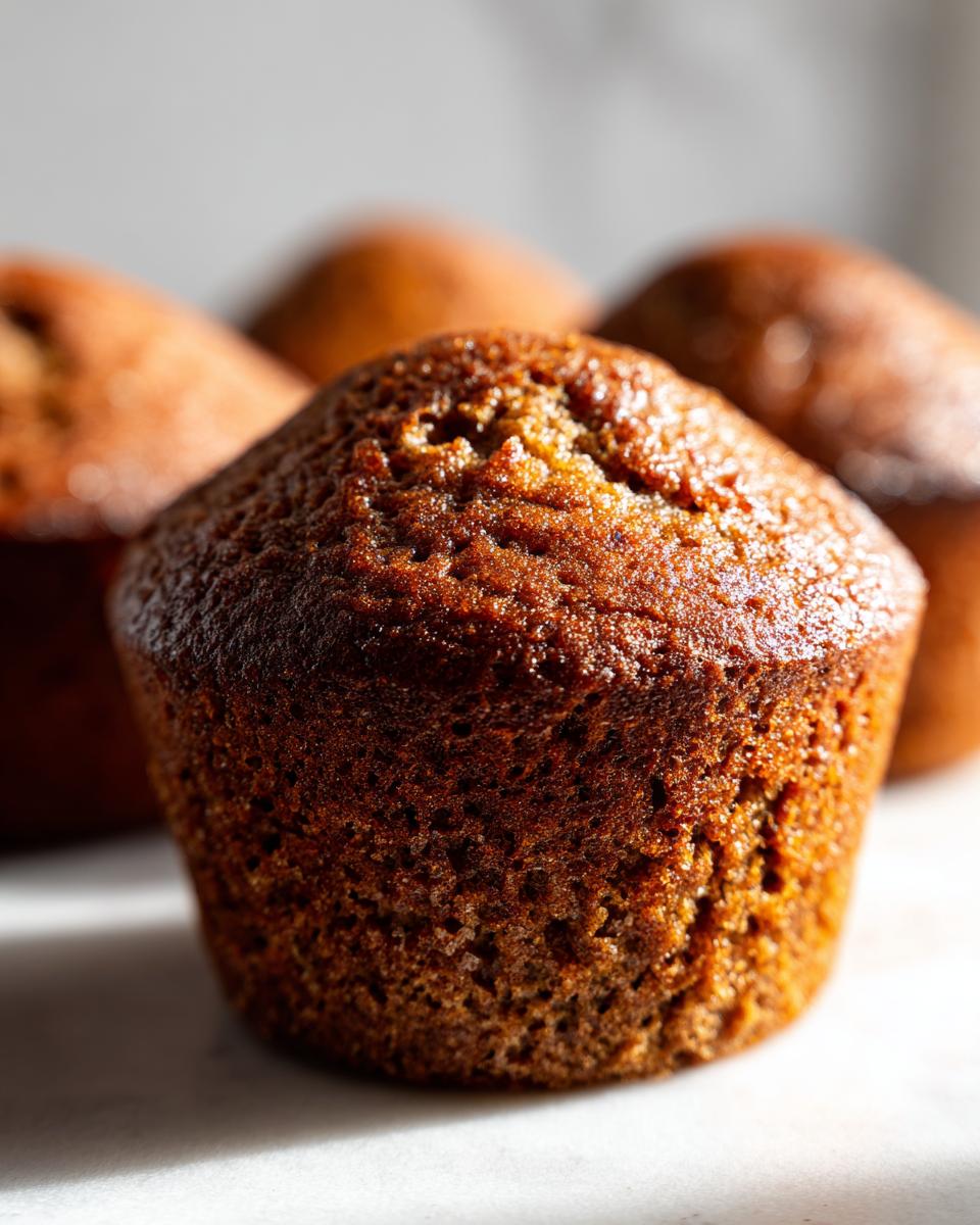 A close-up, macro shot of a freshly baked, dark brown honey bran muffin with a textured top.