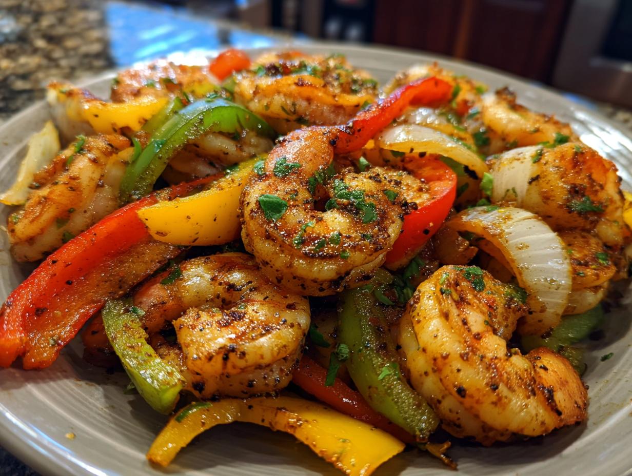 Close-up of perfectly cooked shrimp fajitas mixed with colorful bell peppers and onions, seasoned well.