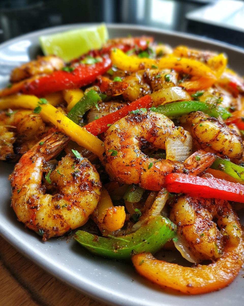 Close-up of seasoned shrimp fajitas mixed with colorful sautéed bell peppers and onions, garnished with a lime wedge.
