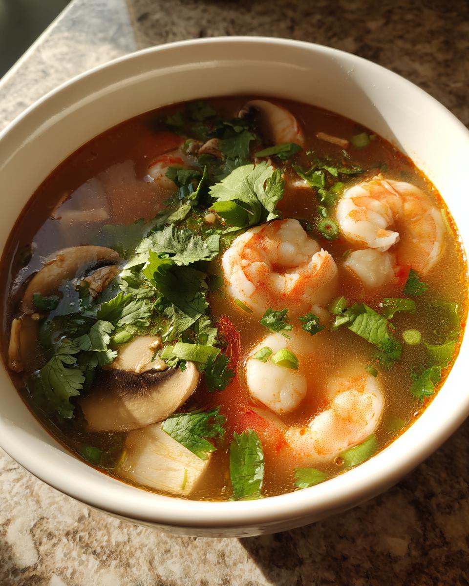 Close-up of a white bowl filled with vibrant red-orange tom yum soup featuring plump shrimp, sliced mushrooms, and fresh cilantro.