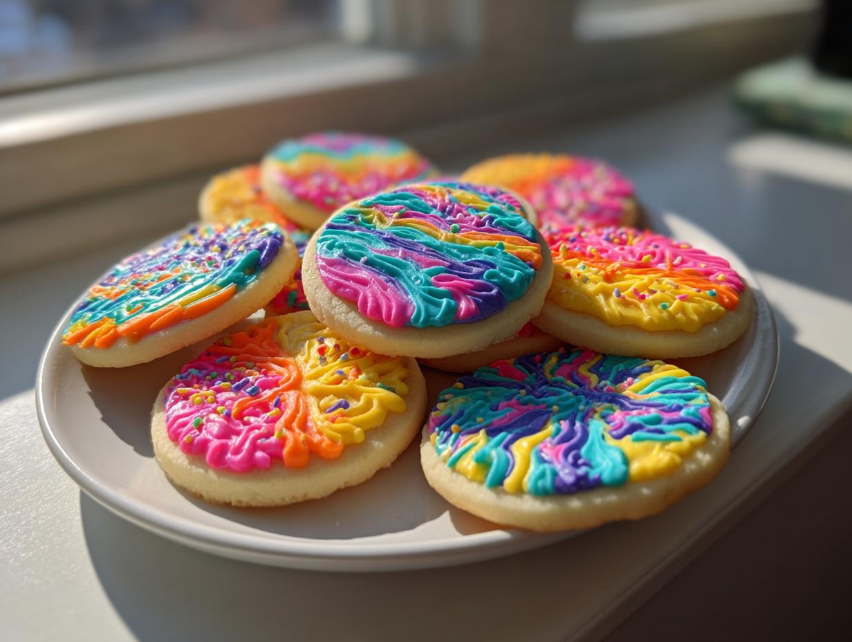 Plate of round sugar cookies topped with vibrant, multi-colored piped sugar cookie icing and sprinkles.