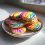 Stack of round sugar cookies topped with white and brightly colored drizzle sugar cookie icing.