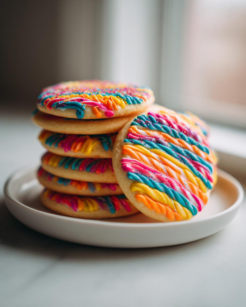 Stack of sugar cookies decorated with vibrant, multi-colored piped sugar cookie icing in rainbow stripes.