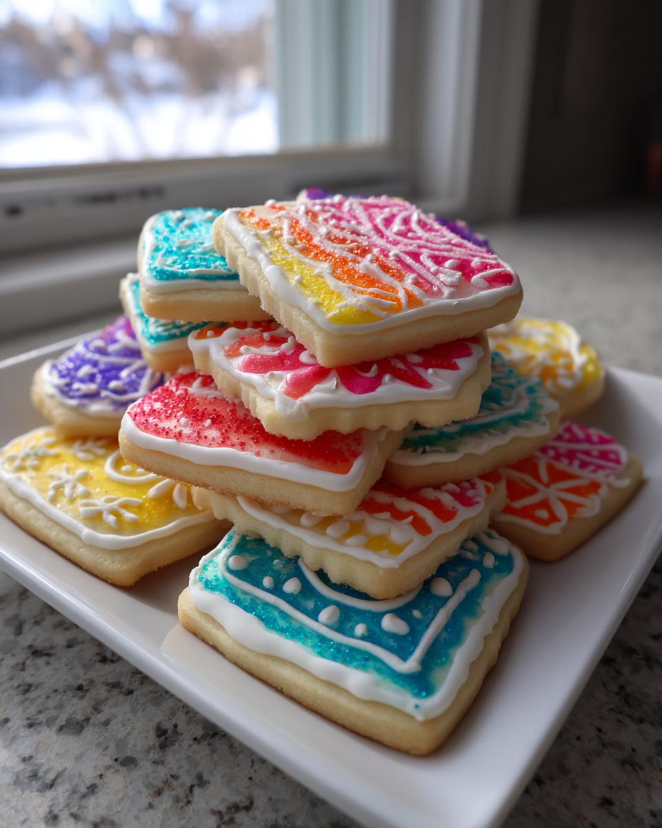 A stack of square sugar cookies decorated with vibrant, hardened sugar cookie icing in rainbow colors and white piping.