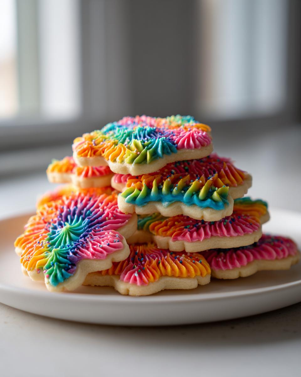 Stack of sugar cookies decorated with vibrant, rainbow-colored piped sugar cookie icing and sprinkles.