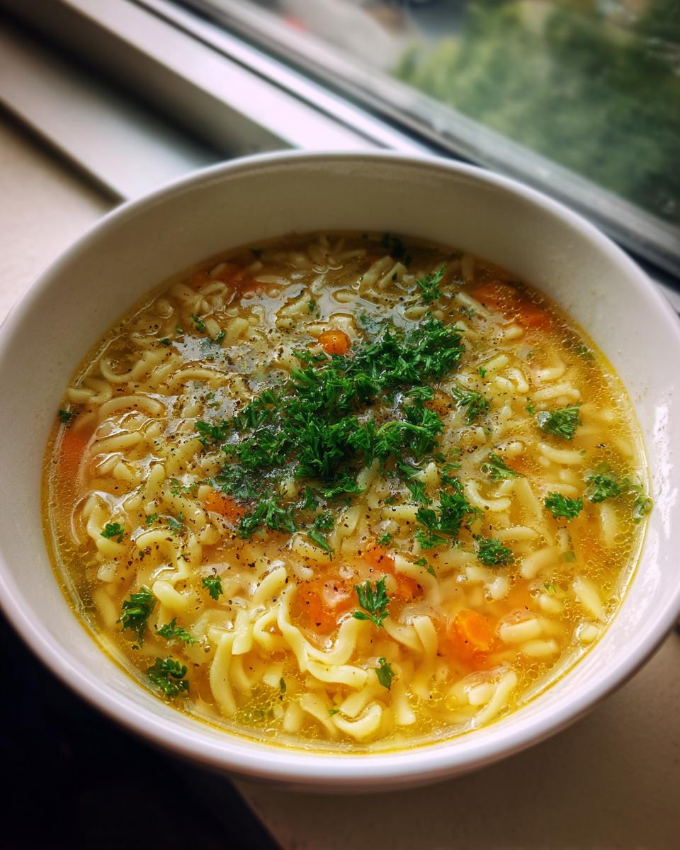 Close-up of a white bowl filled with hot, clear broth pastina soup, carrots, and topped with fresh parsley.