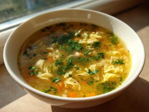 Close-up of a white bowl filled with hot pastina soup, featuring broth, small pasta, carrots, and fresh parsley.