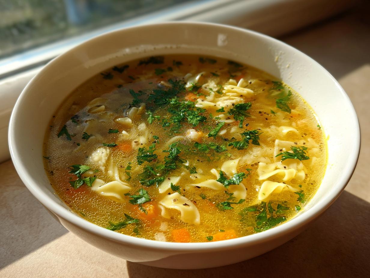 Close-up of a white bowl filled with hot pastina soup, featuring broth, small pasta, carrots, and fresh parsley.