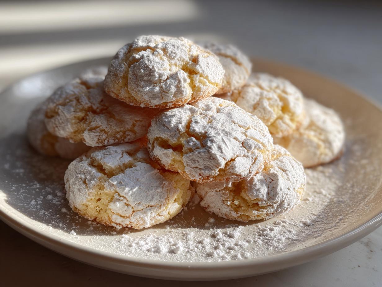 A stack of freshly baked cool whip cookies heavily coated in white powdered sugar, resting on a light plate.