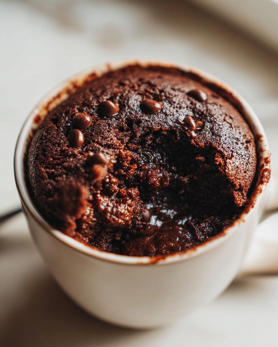 Close-up of a fudgy Cottage Cheese Microwave Brownie baked in a white mug with chocolate chips.
