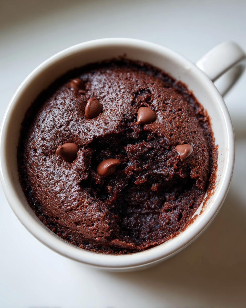 Close-up of a fudgy Cottage Cheese Microwave Brownie baked in a white mug, topped with chocolate chips.