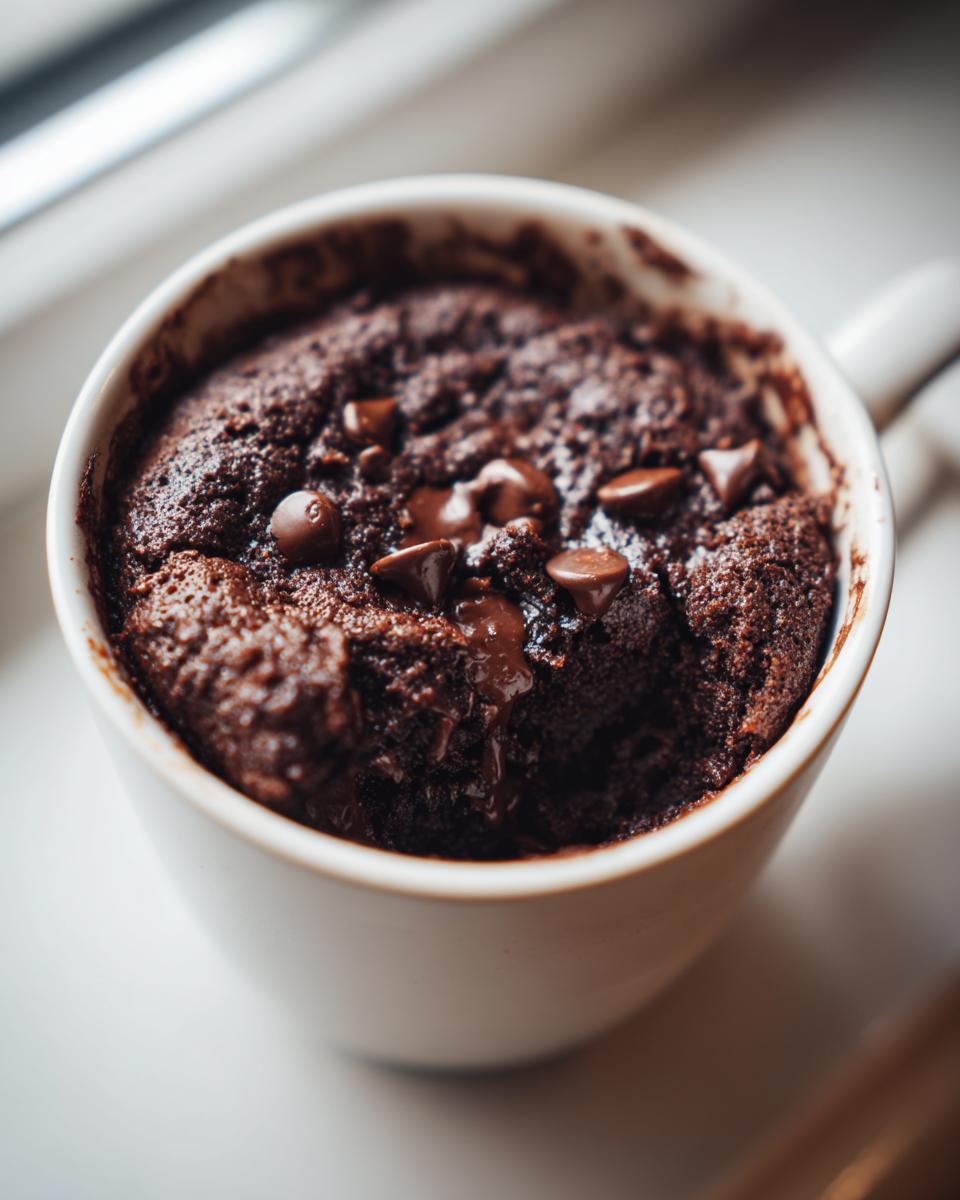 Close-up of a rich, fudgy Cottage Cheese Microwave Brownie topped with melted chocolate chips in a white mug.