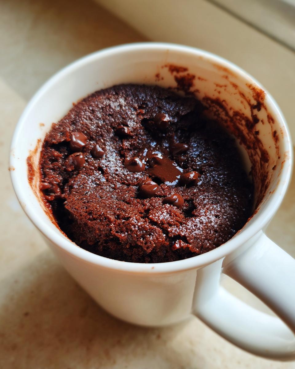 Close-up of a fudgy Cottage Cheese Microwave Brownie baked inside a white mug, topped with melted chocolate chips.