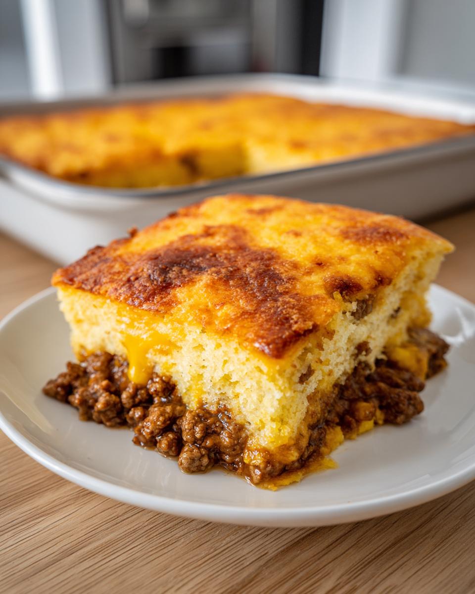 A slice of cowboy cornbread casserole with a thick, savory ground beef filling oozing out onto a white plate.