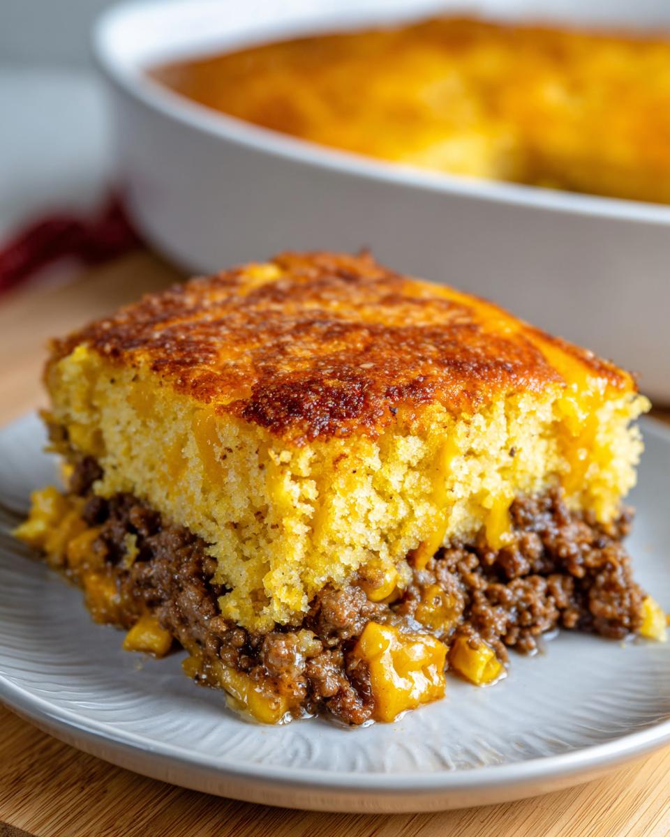 A close-up of a slice of cowboy cornbread casserole showing the golden cornbread top over a savory ground meat and cheese filling.
