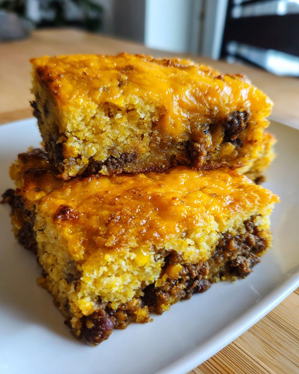 Two stacked slices of cowboy cornbread casserole showing a cheesy top and savory meat filling.
