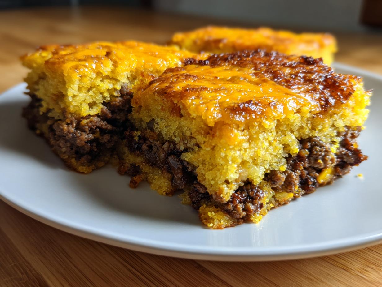 Close-up of two slices of cowboy cornbread casserole showing a savory ground meat layer topped with golden cornbread and melted cheese.