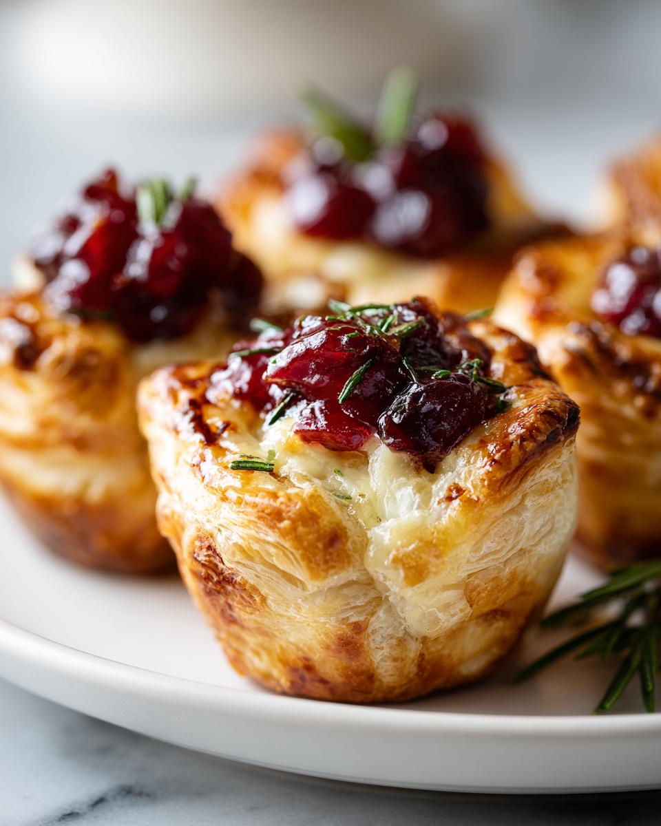 Close-up of golden baked cranberry brie bites in puff pastry topped with cranberry sauce and rosemary.