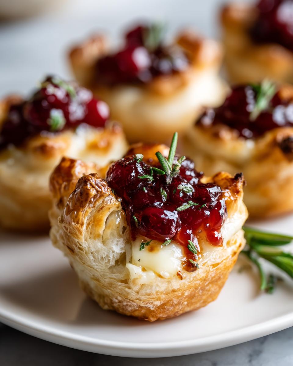 Close-up of one flaky puff pastry cranberry brie bites topped with rich cranberry sauce and fresh rosemary.