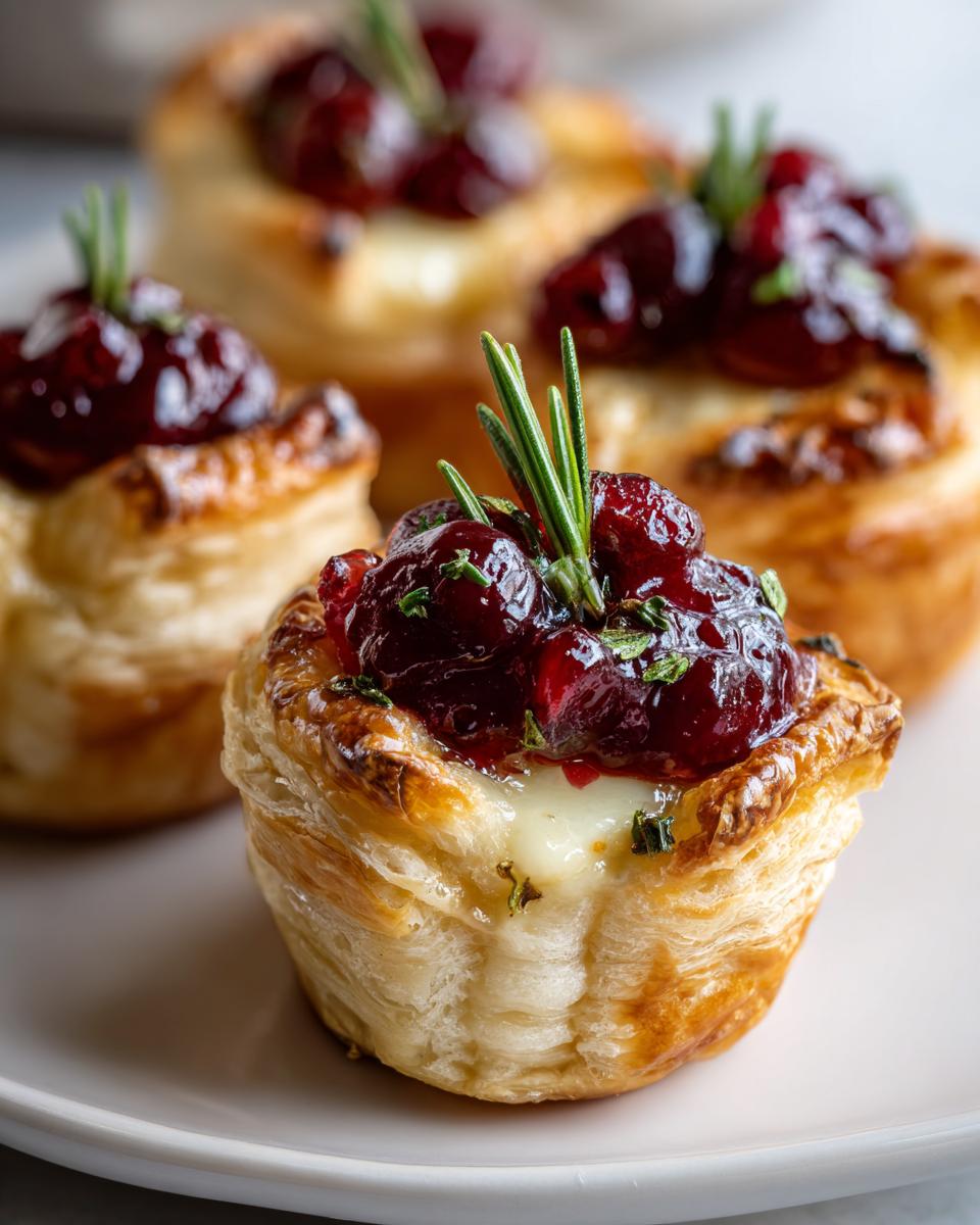 Close-up of a flaky pastry cup filled with melted brie and topped with cranberry sauce and a sprig of rosemary, part of the cranberry brie bites.