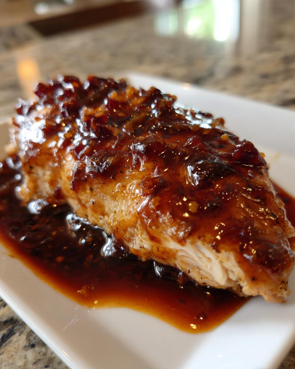 Close-up of a baked chicken breast covered in a thick, glossy cranberry chicken glaze on a white plate.
