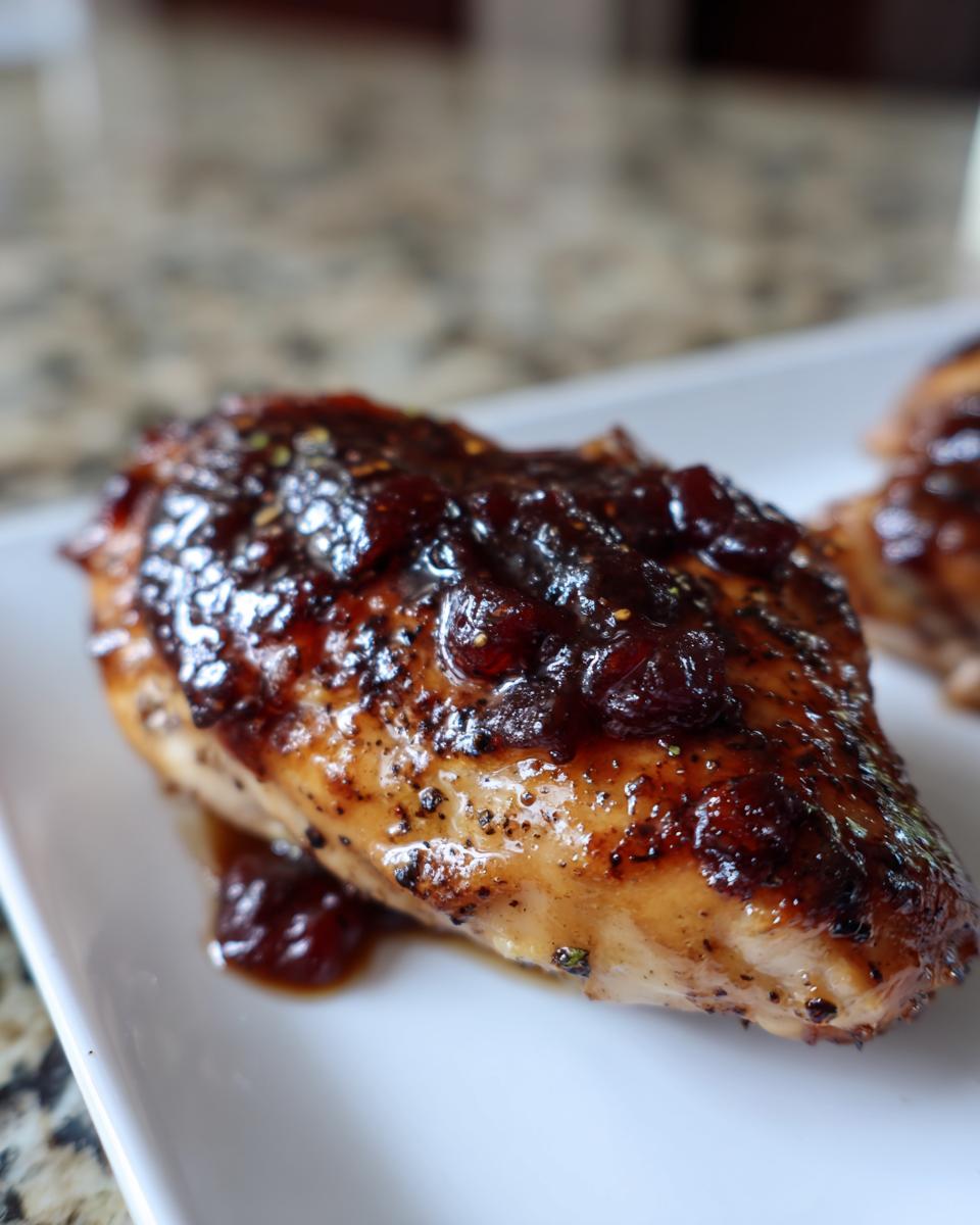 Close-up of a perfectly cooked cranberry chicken breast topped with a thick, dark cranberry glaze.