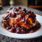 A close-up of a juicy chicken breast covered in a thick, glossy cranberry sauce, ready to serve as cranberry chicken.
