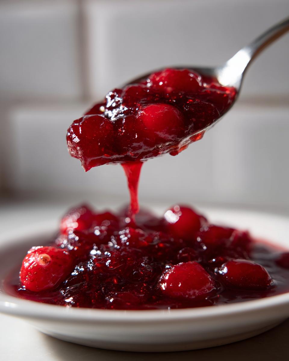 A spoonful of thick, glistening homemade christmas jam, featuring whole cranberries, dripping back into a white bowl.