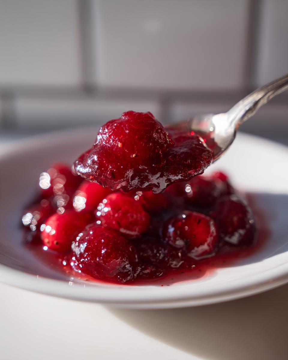 A spoonful of glistening, deep red cranberry christmas jam being lifted above a small white dish.