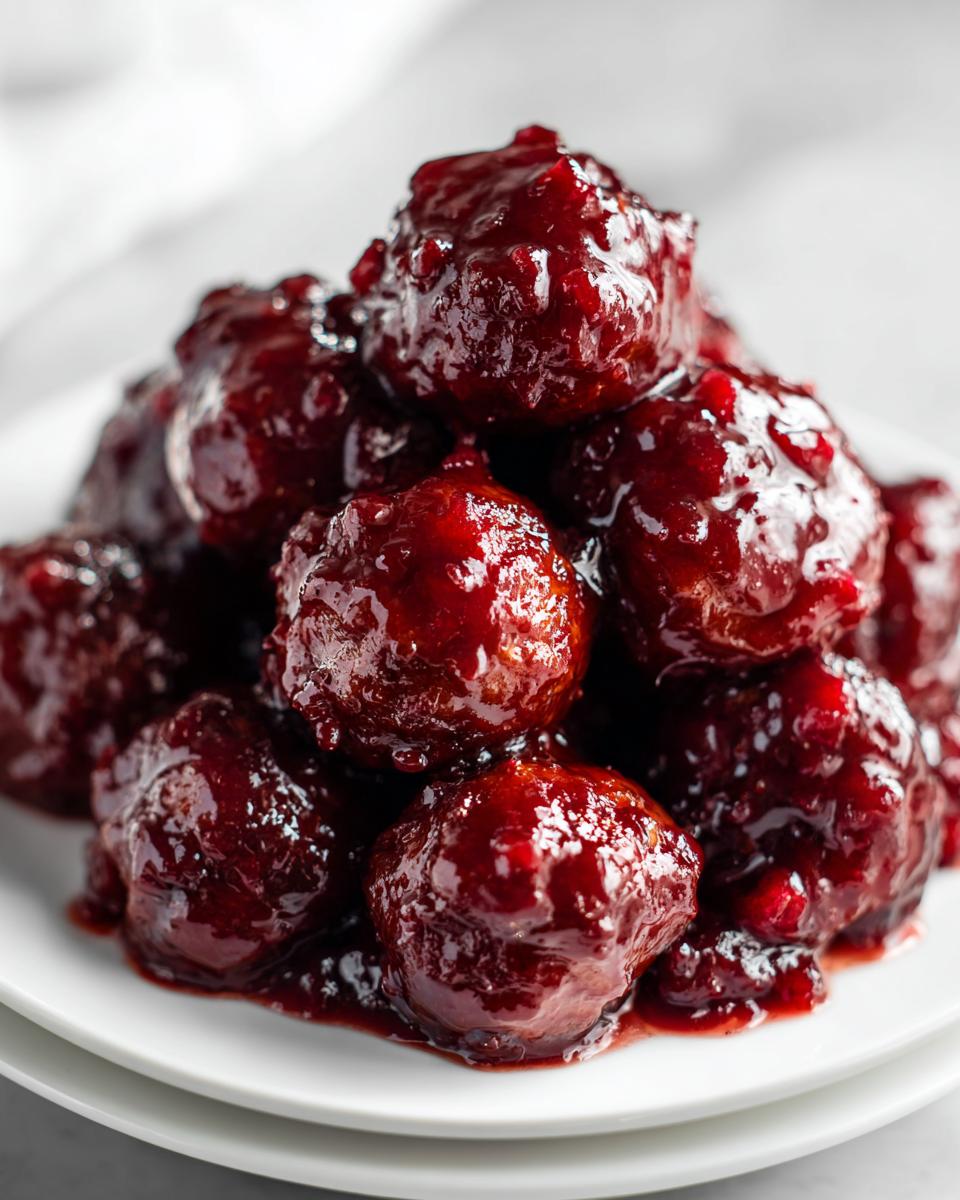 A close-up stack of glossy, dark red cranberry meatballs covered in a thick, sweet sauce.